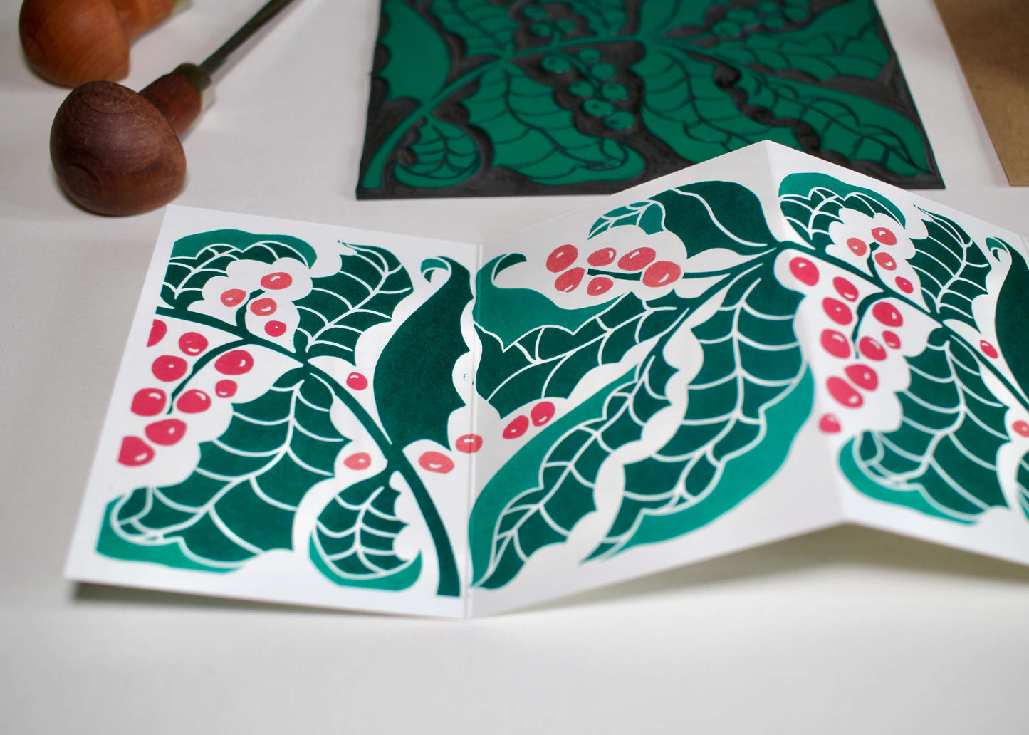 Holly & Berries Linocut Concertina Card | Single Card & Envelope