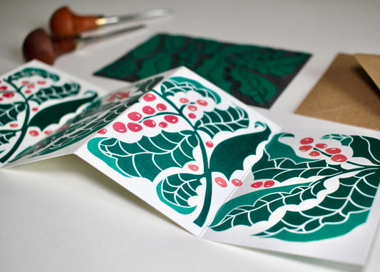 Holly & Berries Linocut Concertina Card | Single Card & Envelope