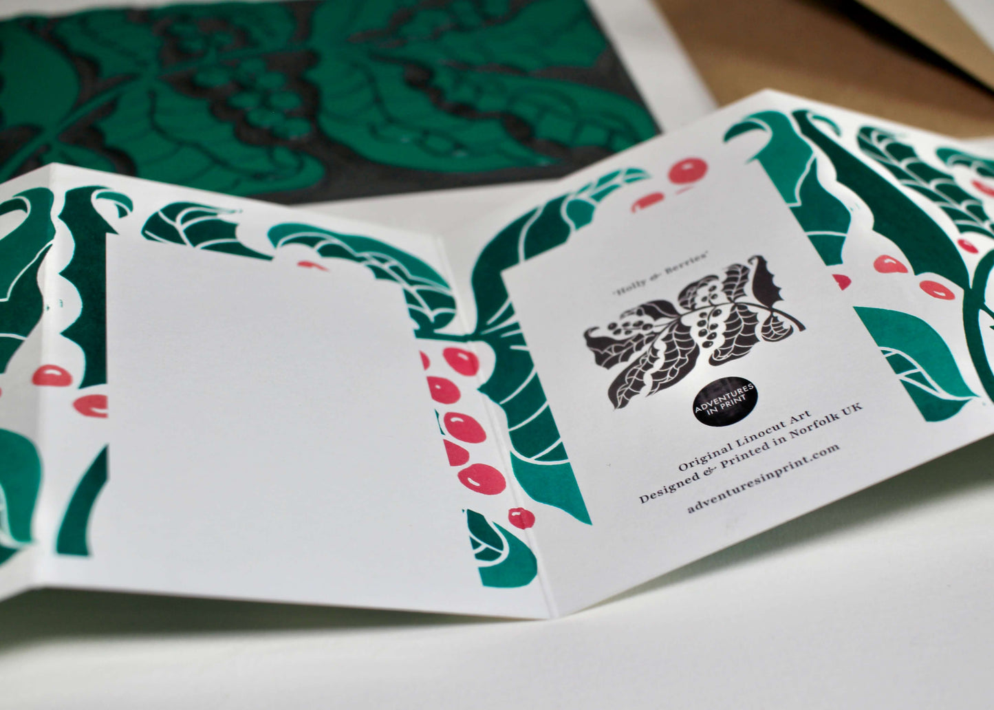 Holly & Berries Linocut Concertina Card | Single Card & Envelope