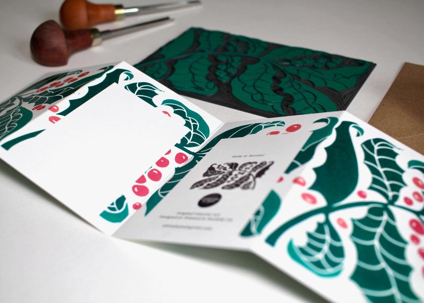 Holly & Berries Linocut Concertina Card | Single Card & Envelope
