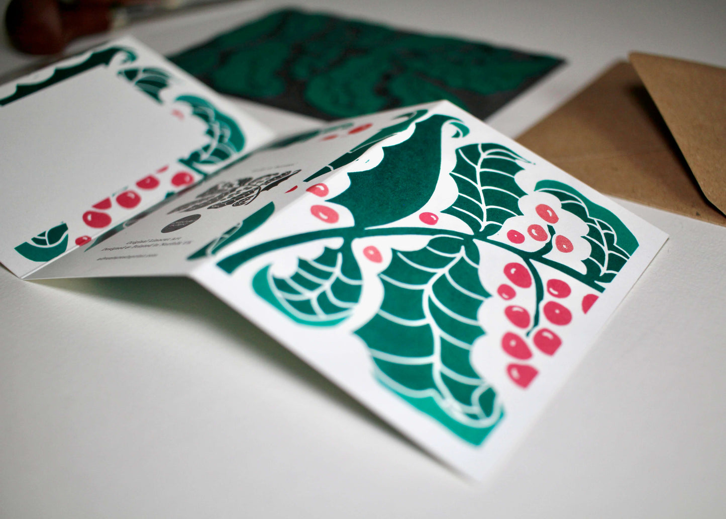 Holly & Berries Linocut Concertina Card | Single Card & Envelope