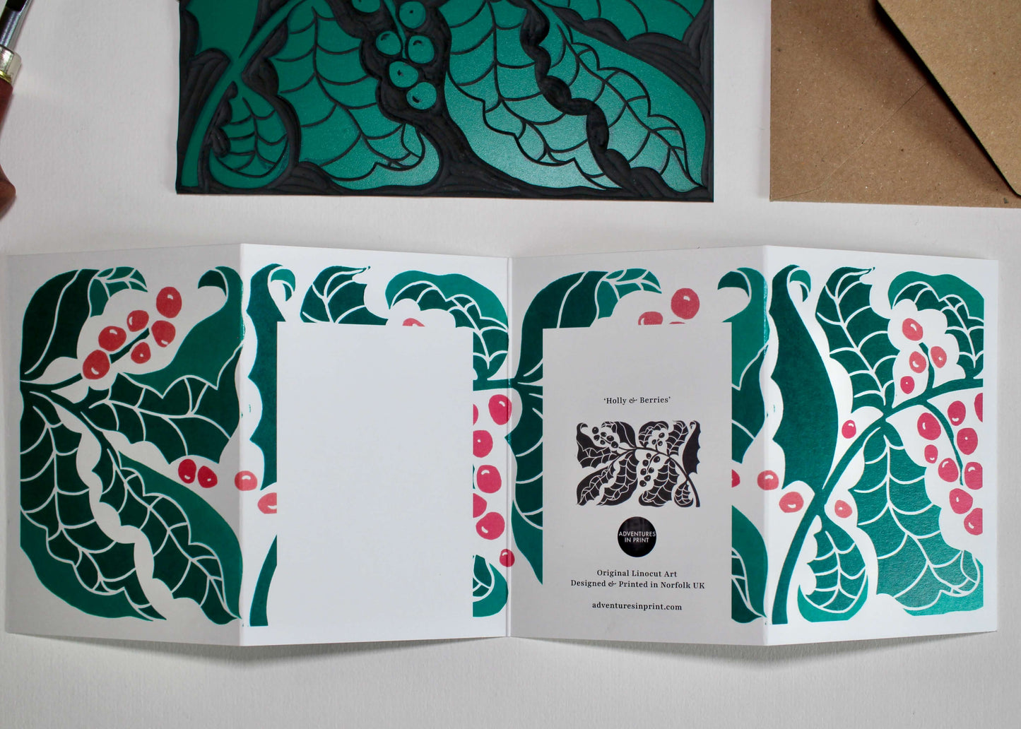 Holly & Berries Linocut Concertina Card | Single Card & Envelope