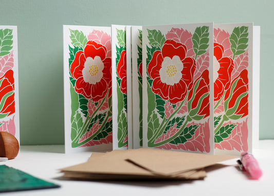 National flower of England, the Tudor rose reimagined through a colourful linocut design and carefully printed on to high quality notecards.