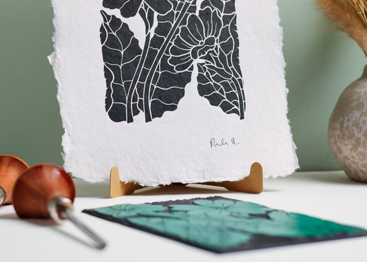 Primroses in Spring Linocut | Handprinted A5 Art Print on Cotton Rag Paper