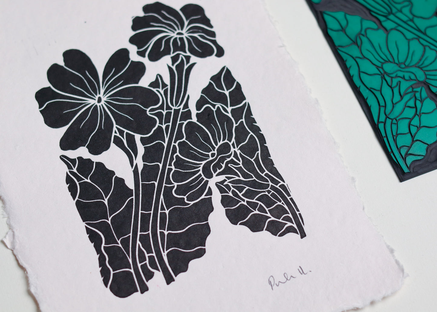 Primroses in Spring Linocut | Handprinted A5 Art Print on Cotton Rag Paper