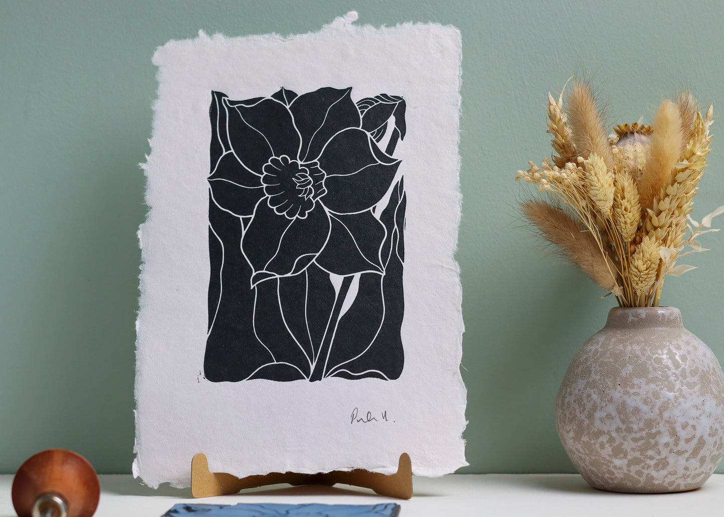 Dancing Daffodil Linocut | Handprinted A5 Art Print on Cotton Rag Paper