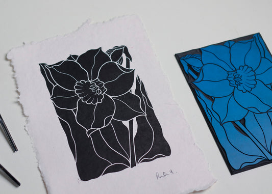 Dancing Daffodil Linocut | Handprinted A5 Art Print on Cotton Rag Paper