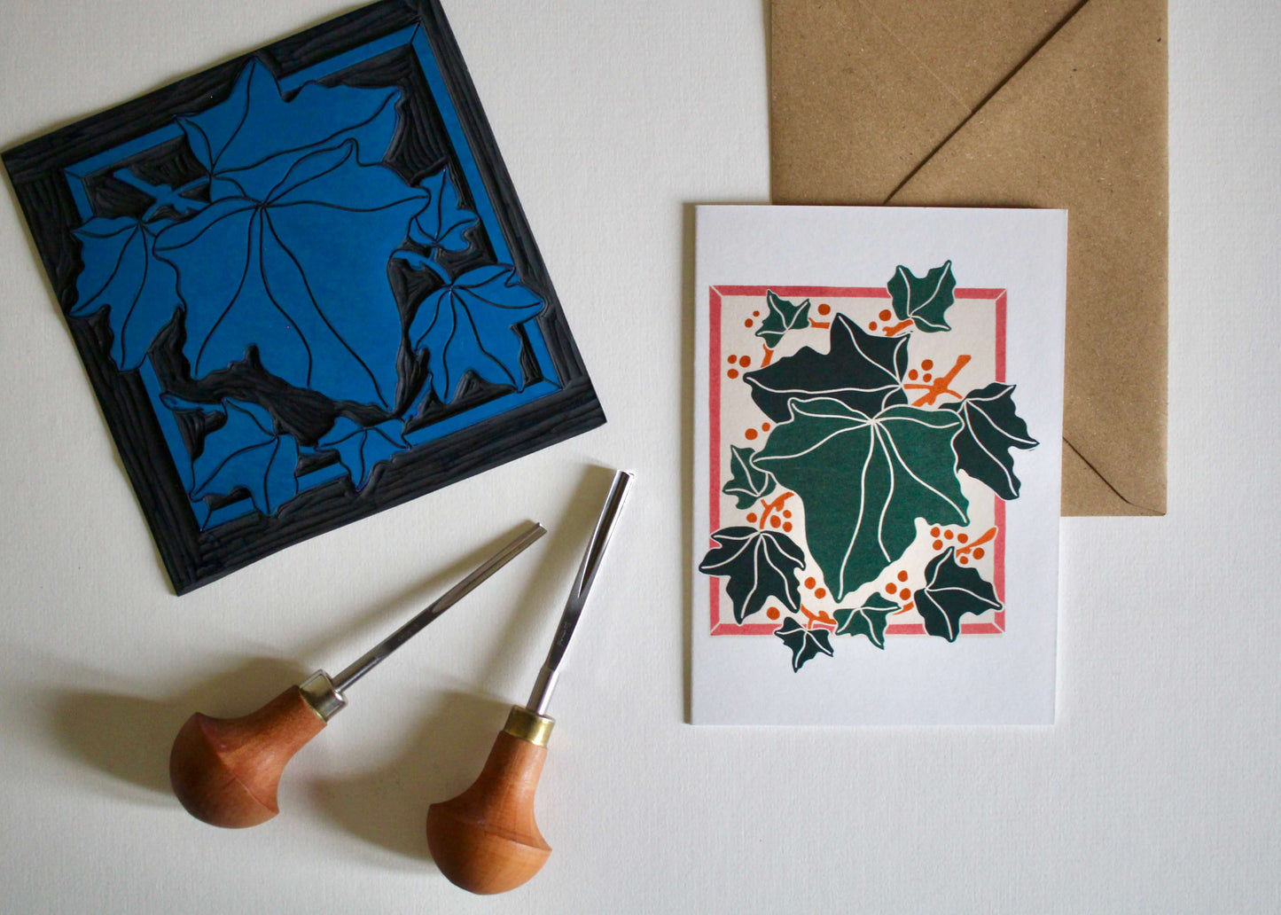 Linocut Ivy Leaves Festive Card | Single Card & Envelope