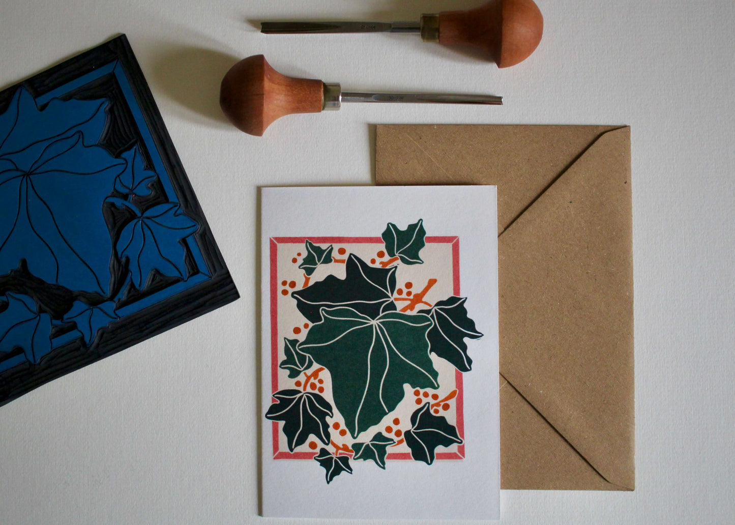 Linocut Ivy Leaves Festive Card | Single Card & Envelope