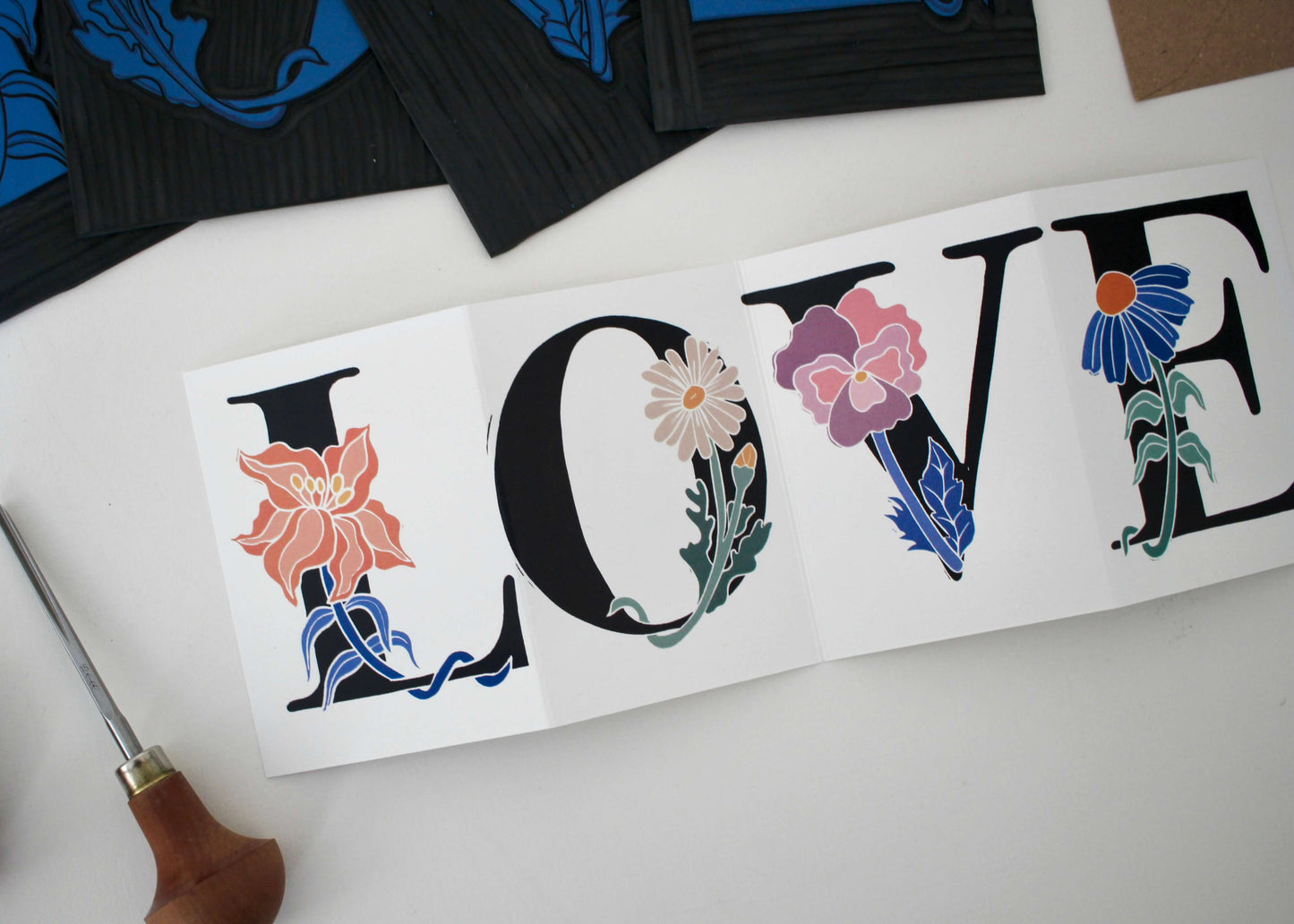LOVE Floral Word Linocut Concertina Card | Single Card & Envelope