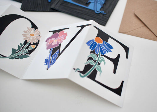 LOVE Floral Word Linocut Concertina Card | Single Card & Envelope