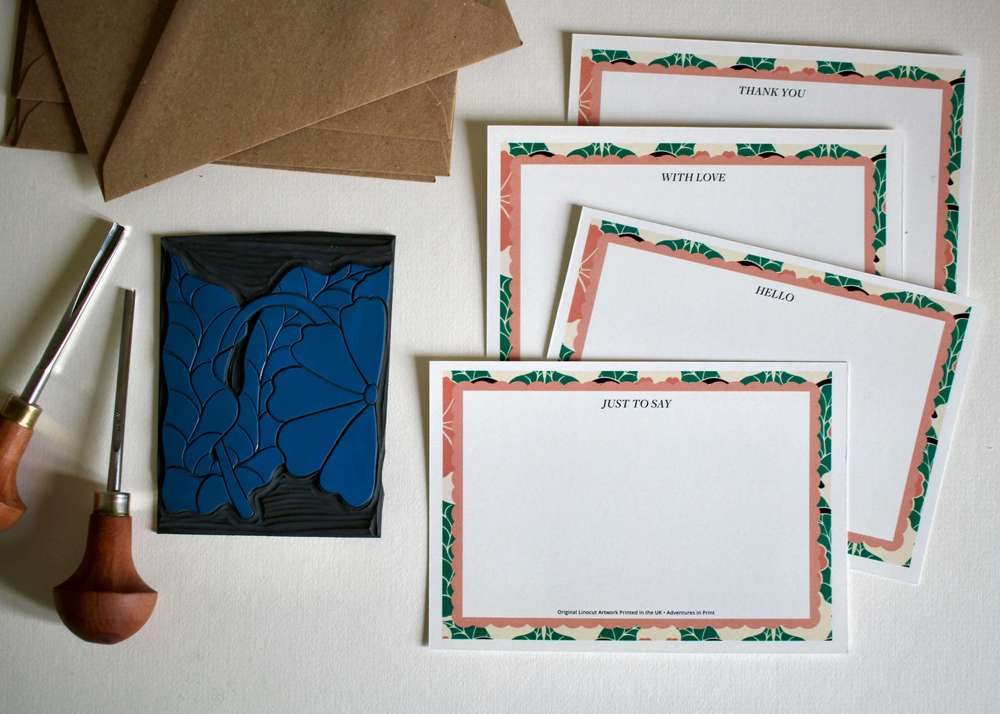 Leaning Floral Linocut Correspondence Cards - Set of 8