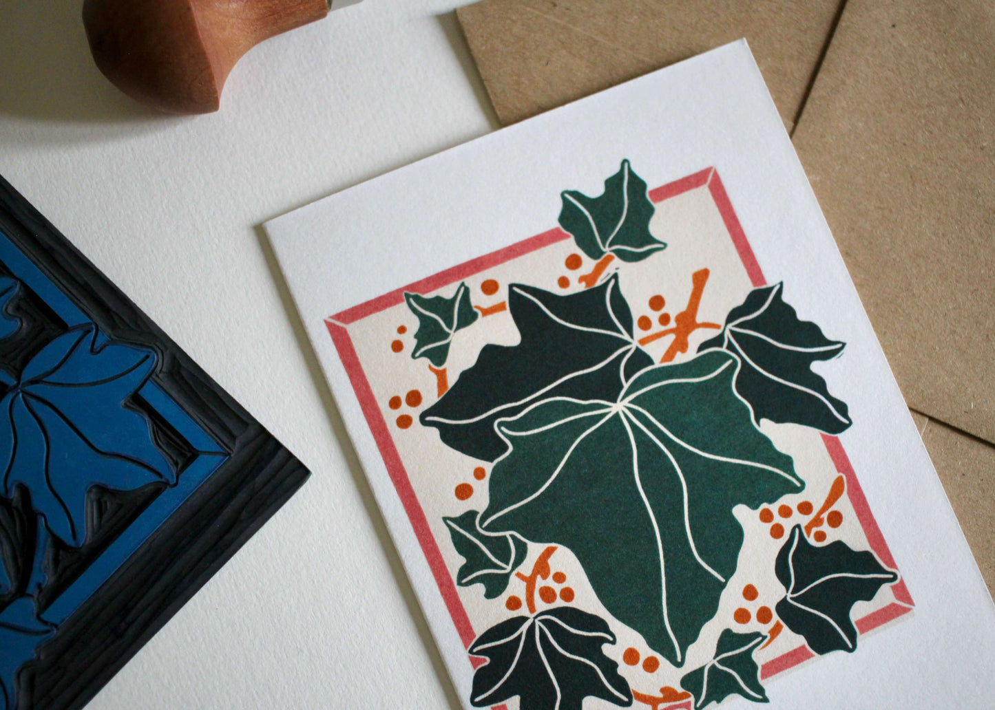 Linocut Ivy Leaves Festive Card | Single Card & Envelope