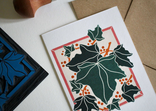 Linocut Ivy Leaves Festive Card | Single Card & Envelope