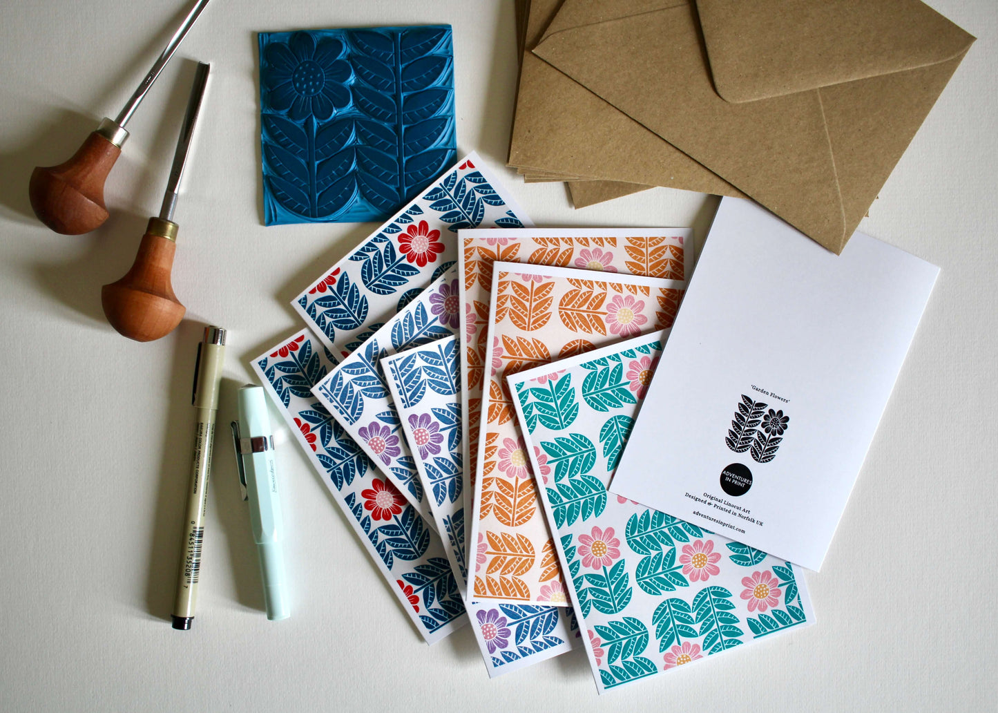 Garden Flowers Block Print Notecards | Set of 8 Notecards & Envelopes
