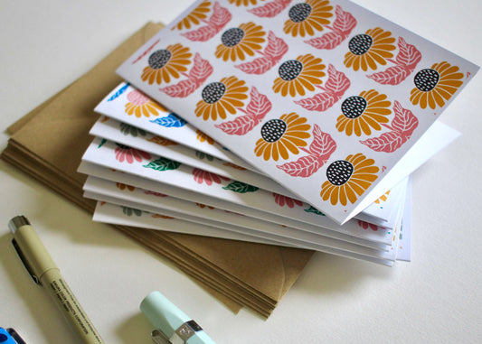 Cone Flower Block Print Notecards | Set of 8 Notecards & Envelopes