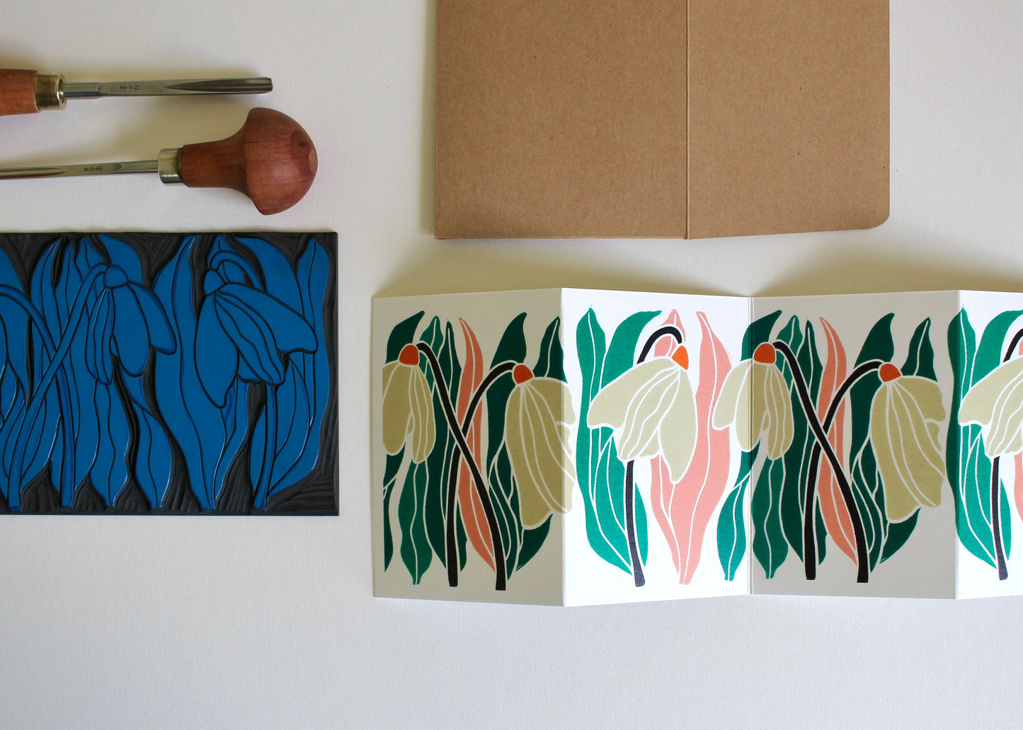 Snowdrop Linocut Concertina Greeting Card - Single card with envelope
