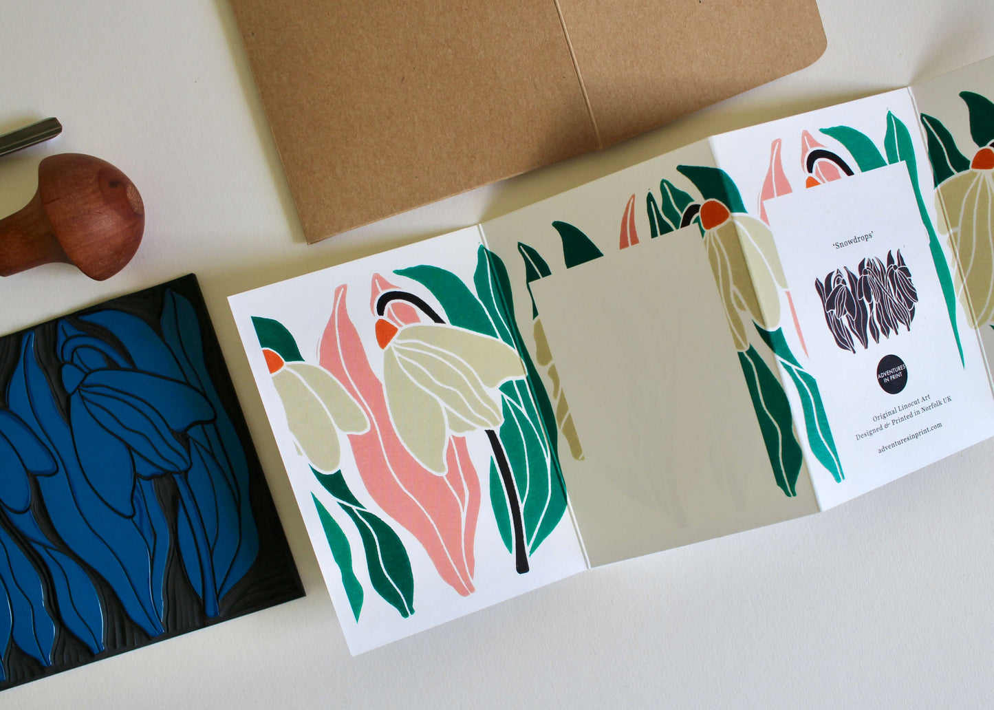 Snowdrop Linocut Concertina Card (January birth flower) | Single Card & Envelope