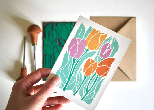 Spring Tulips Linocut Greeting Card