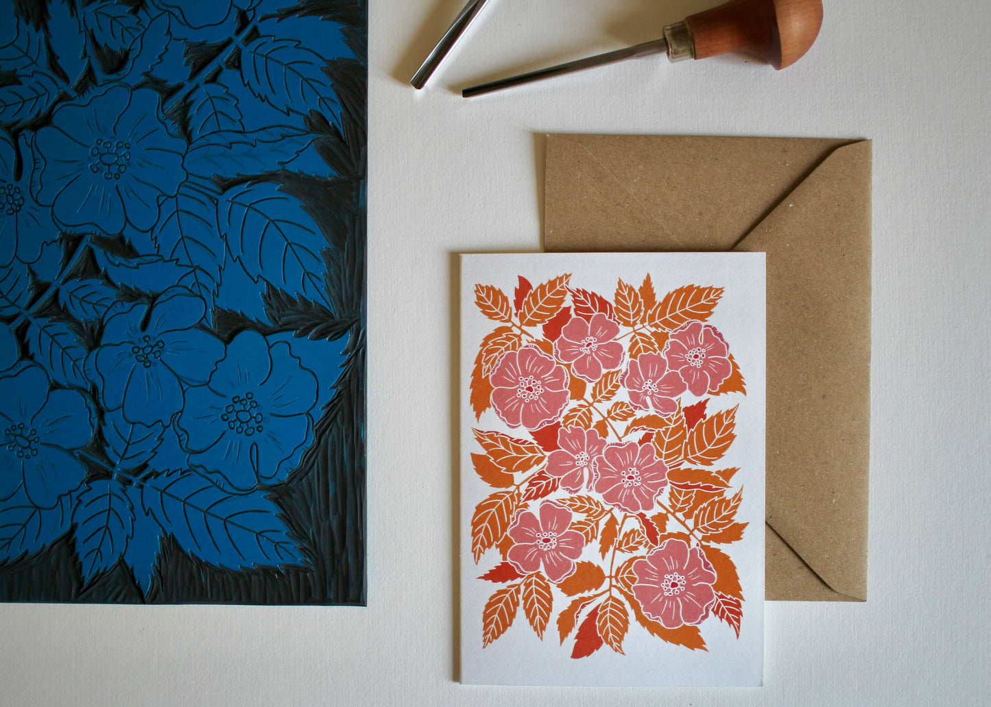 Summer Evenings Linocut Dog Rose Card | Single Card & Envelope
