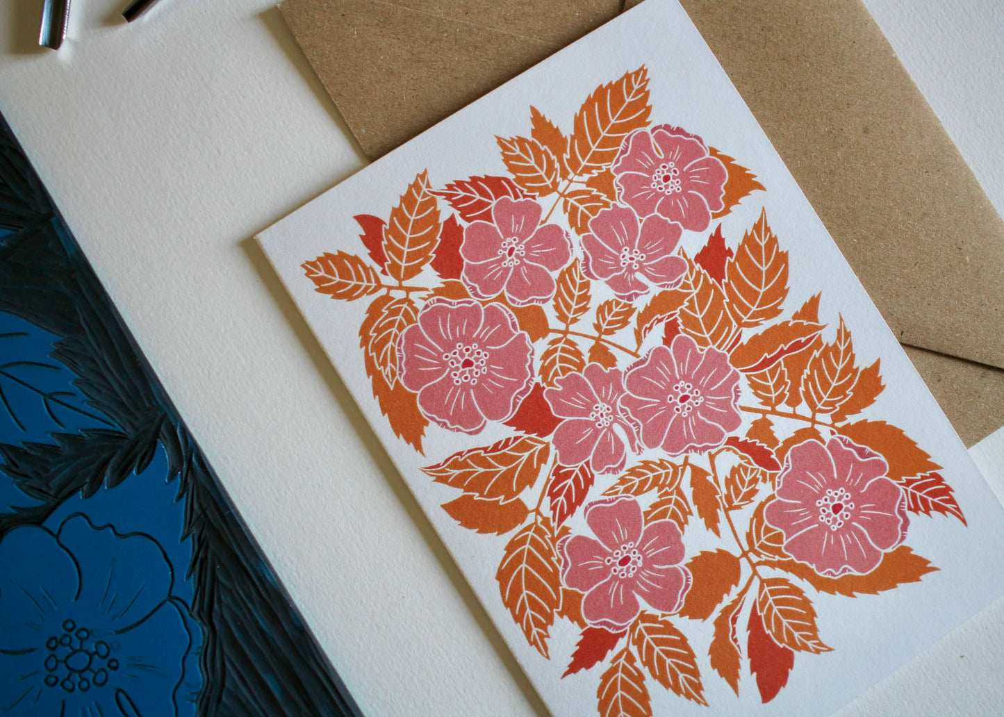 Summer Evenings Linocut Dog Rose Card | Single Card & Envelope