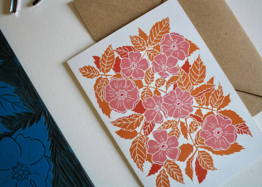 Summer Evenings Linocut Dog Rose Card | Single Card & Envelope
