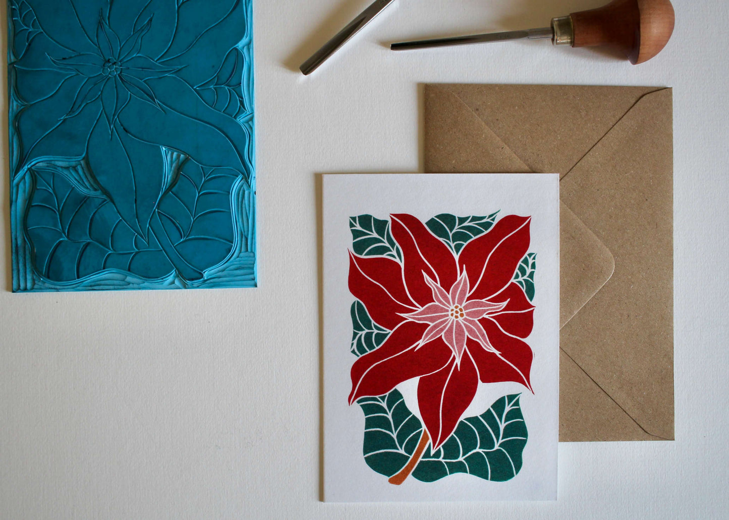 Traditional Poinsettia Christmas Card - Single card with envelope