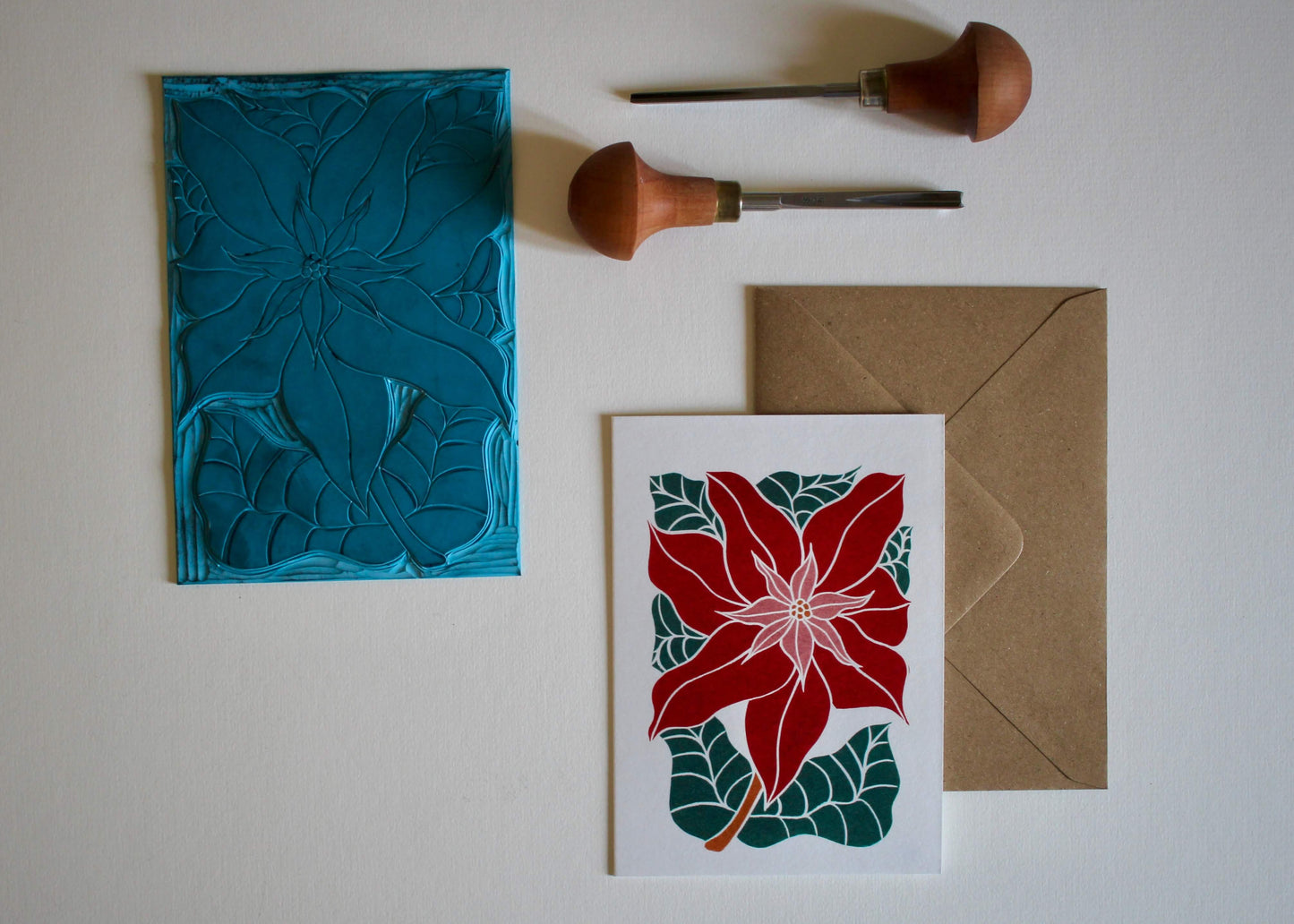 Luxury Traditional Poinsettia Christmas Card | Single Card & Envelope