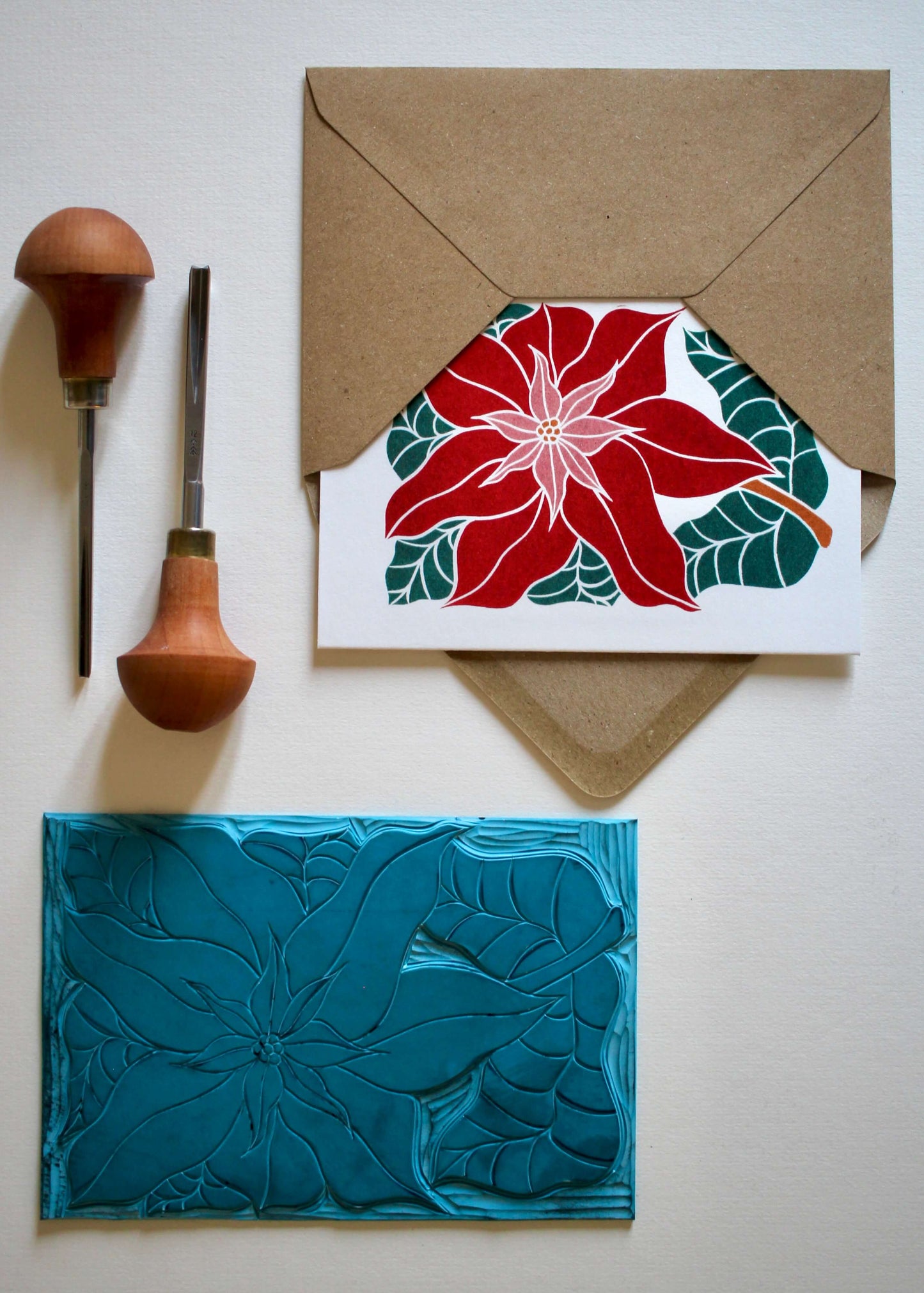 Luxury Traditional Poinsettia Christmas Card | Single Card & Envelope