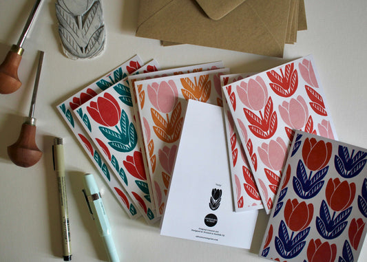 Tulip Block Print Pattern Cards | Set of 8 Notecards & Envelopes