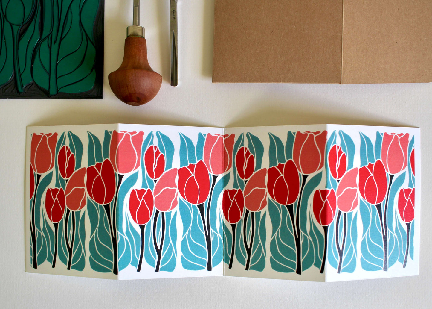 Tulips Linocut Concertina Card | Single Card & Envelope