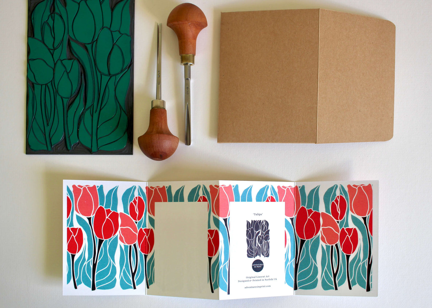 Tulips Linocut Concertina Card | Single Card & Envelope