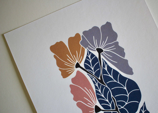 Cool Summer Floral Linocut Art Print - A4