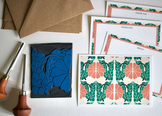 Leaning Floral Linocut Correspondence Cards - Set of 8