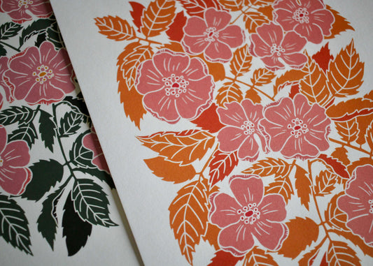 Summer Evenings Dog Rose Linocut Art Print | A4 Art Print on Cotton Paper