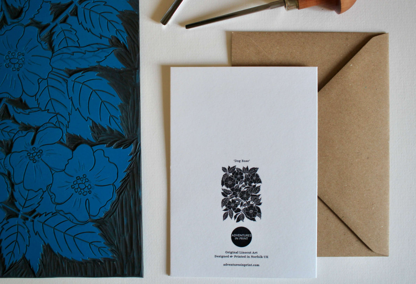 Summer Evenings Linocut Dog Rose Card | Single Card & Envelope