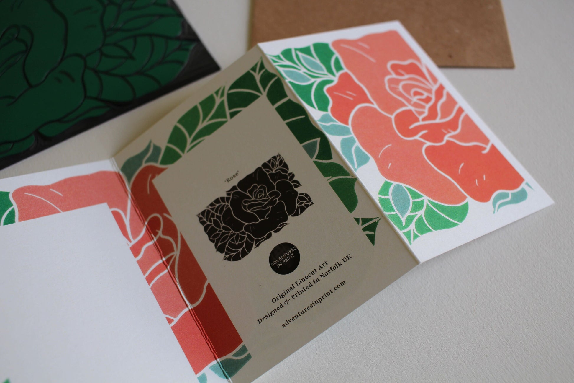Linocut Rose Flower Card - Single Concertina Card & Envelope / Lino print rose flower card / June birth flower, summer birthday floral card
