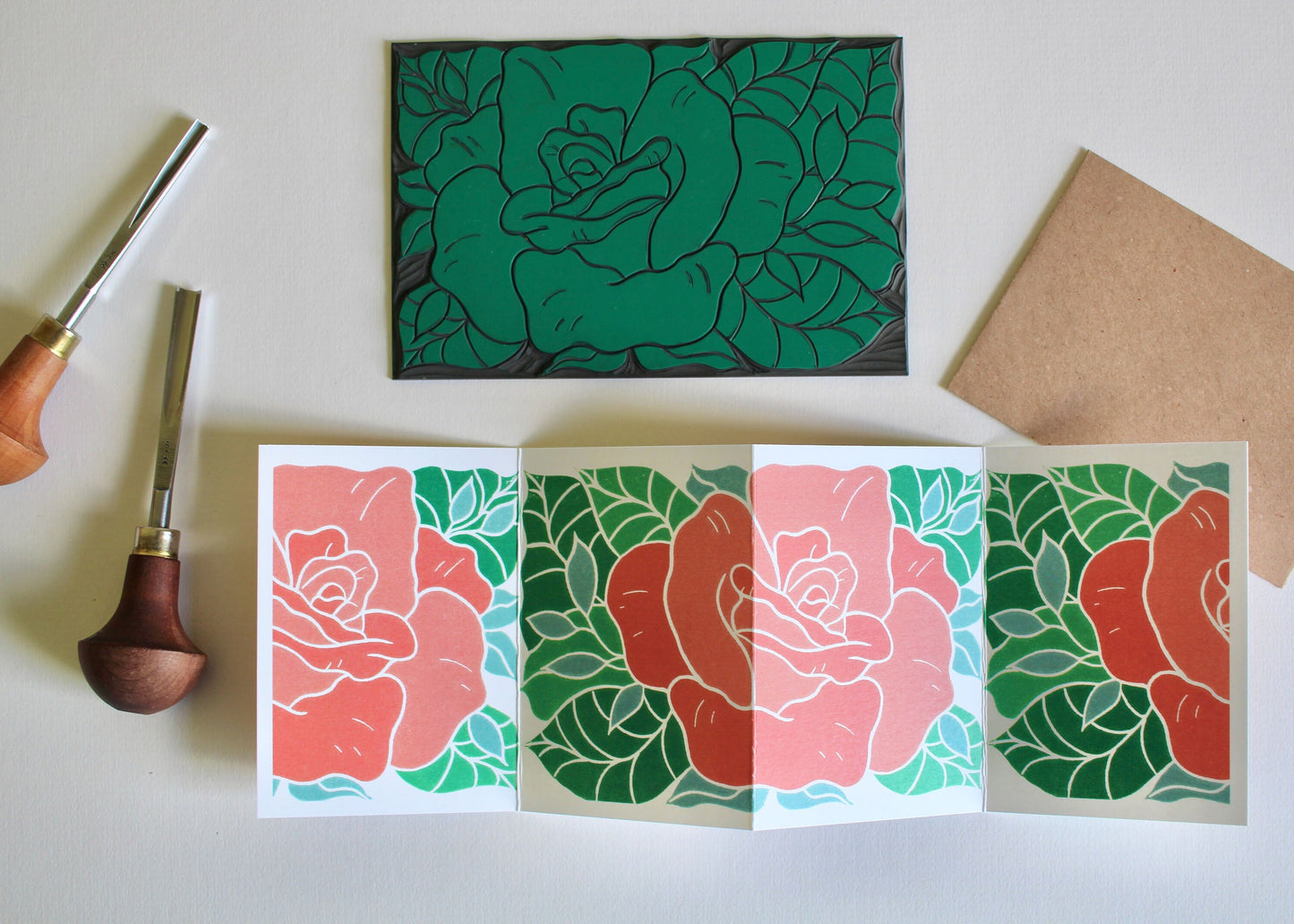 Linocut Rose Flower Card - Single Concertina Card & Envelope / Lino print rose flower card / June birth flower, summer birthday floral card