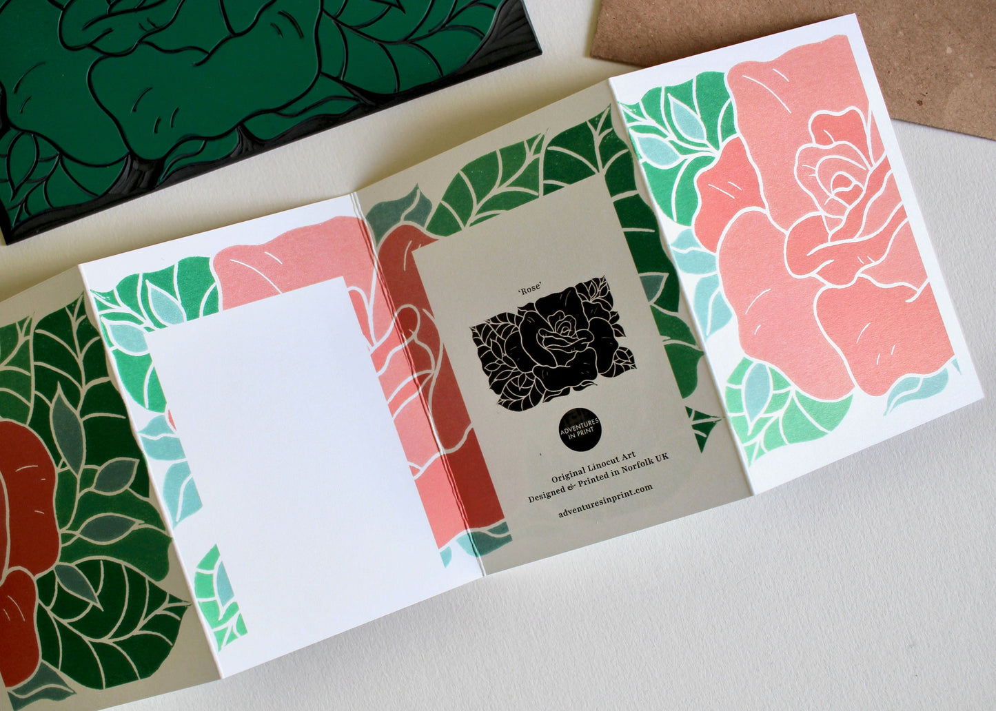 Linocut Rose Flower Card - Single Concertina Card & Envelope / Lino print rose flower card / June birth flower, summer birthday floral card