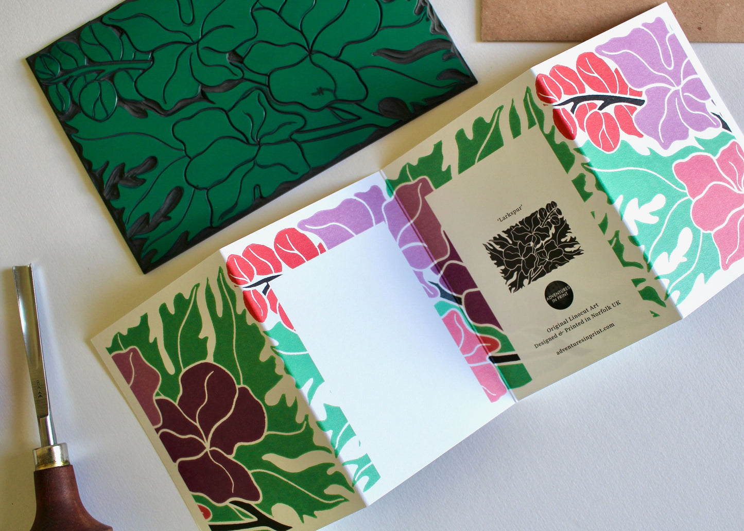 Linocut Larkspur Concertina Card (July birth flower) | Single Card & Envelope
