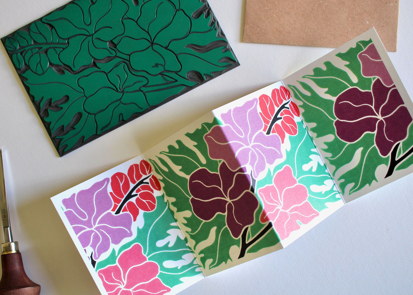 Linocut Larkspur Concertina Card (July birth flower) | Single Card & Envelope
