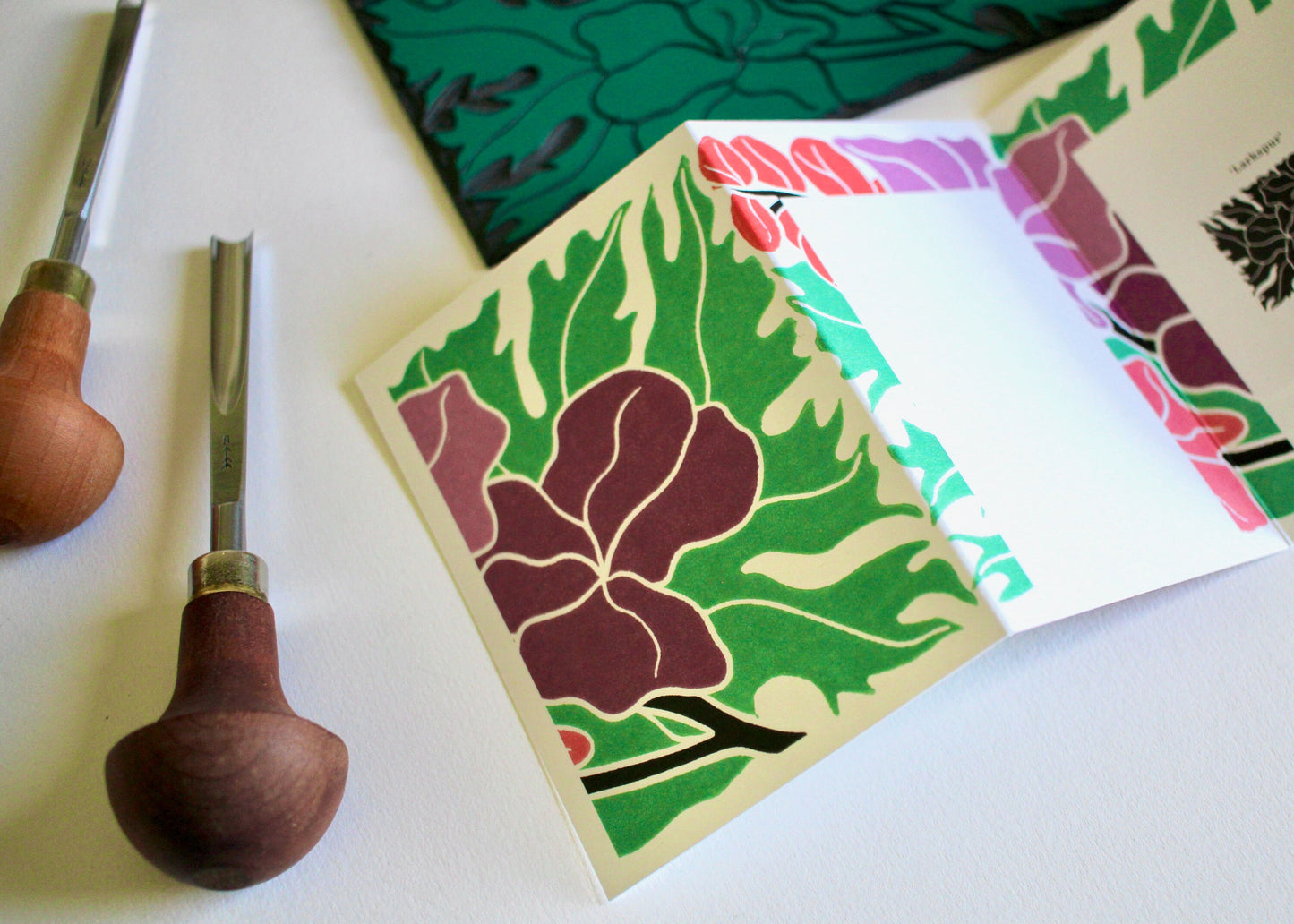 Linocut Larkspur Concertina Card (July birth flower) | Single Card & Envelope