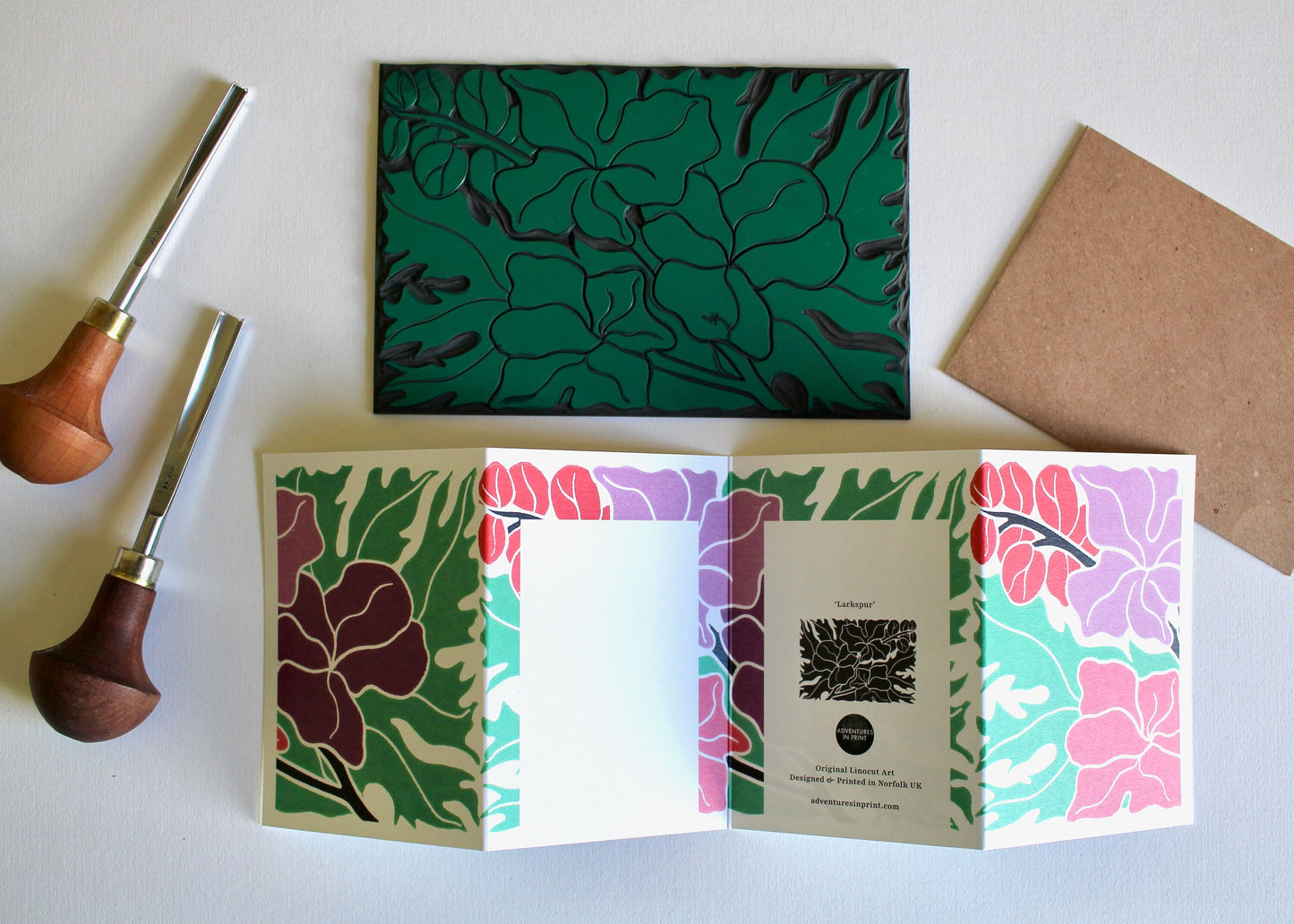 Linocut Larkspur Concertina Card (July birth flower) | Single Card & Envelope