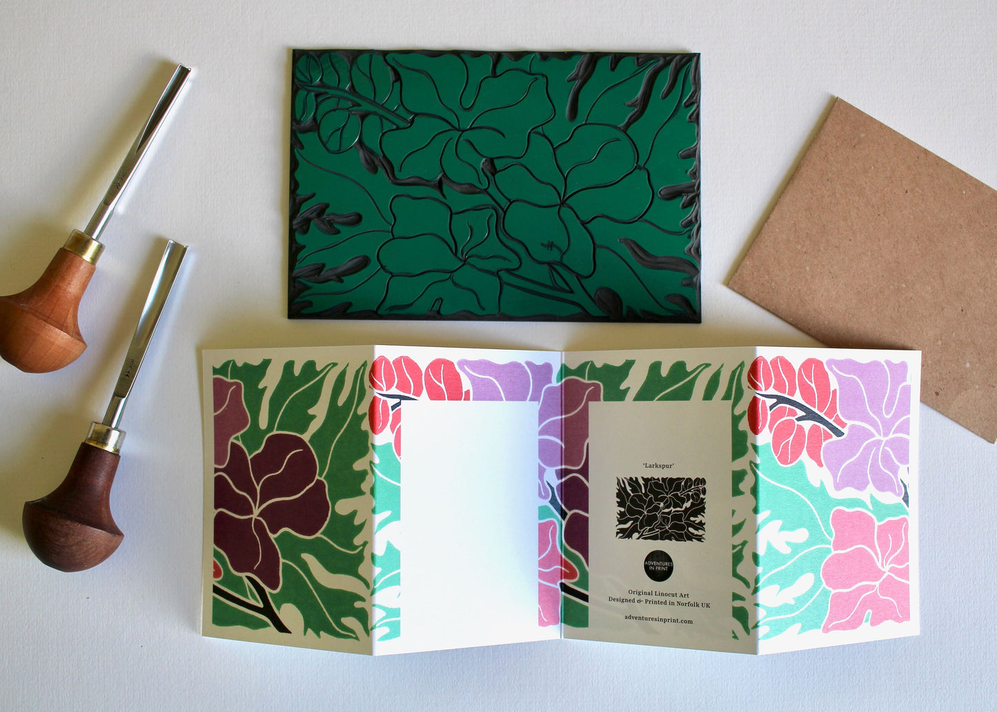 Linocut Larkspur Flower Card - Single Concertina Card & Envelope / Lino print delphinium card / July birth flower folded greeting card