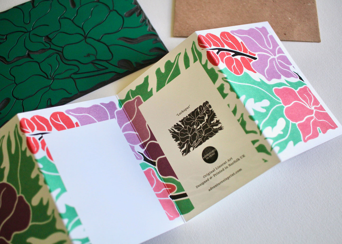 Linocut Larkspur Concertina Card (July birth flower) | Single Card & Envelope