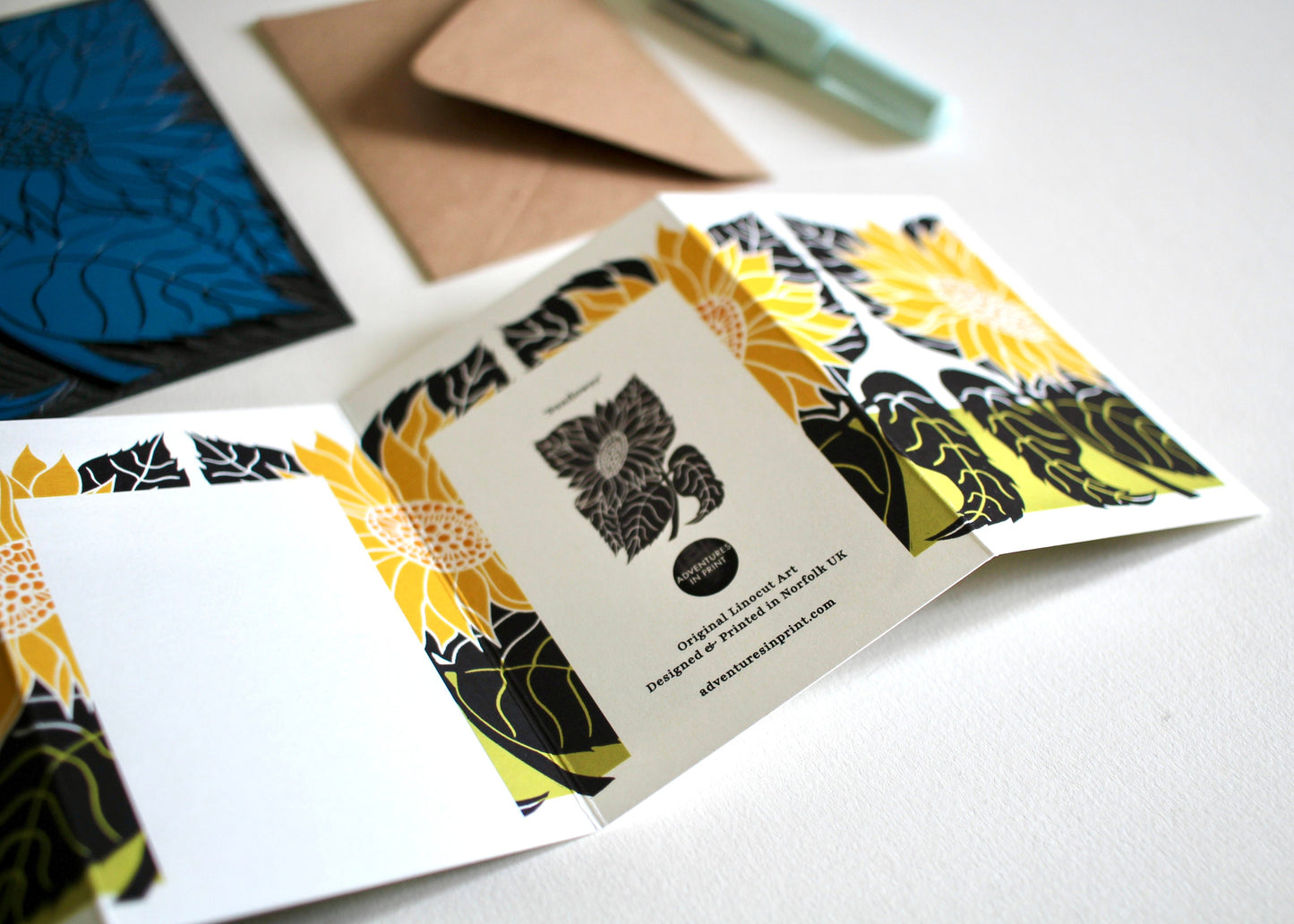 Sunflower Linocut Concertina Card | Single Card & Envelope