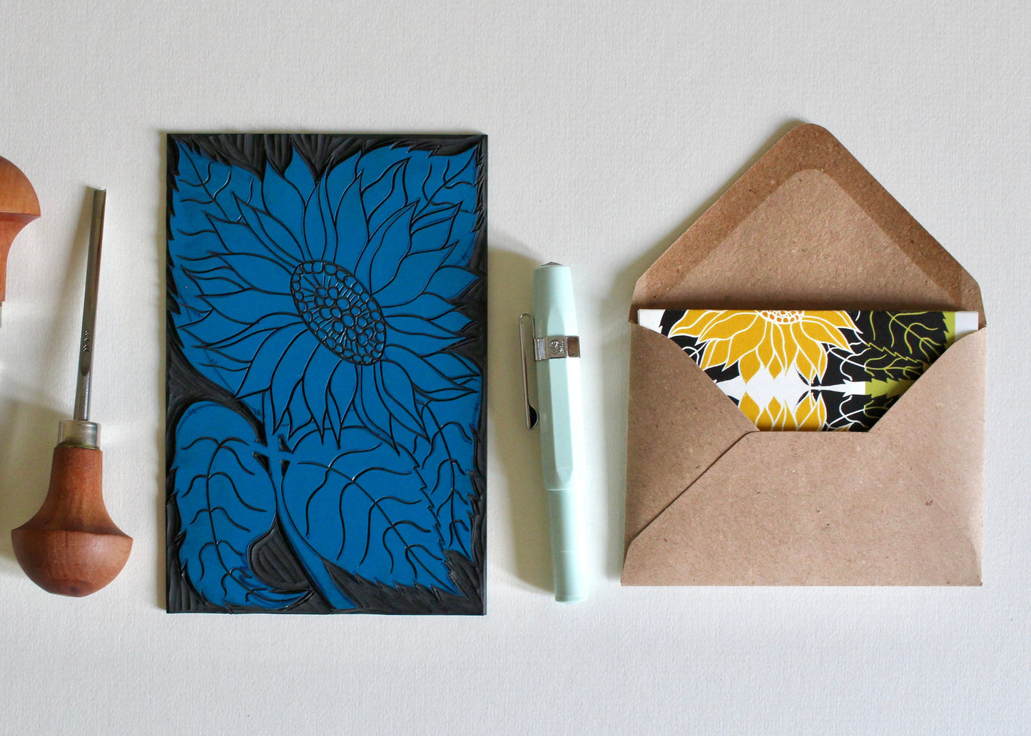 Sunflower Linocut Concertina Card | Single Card & Envelope