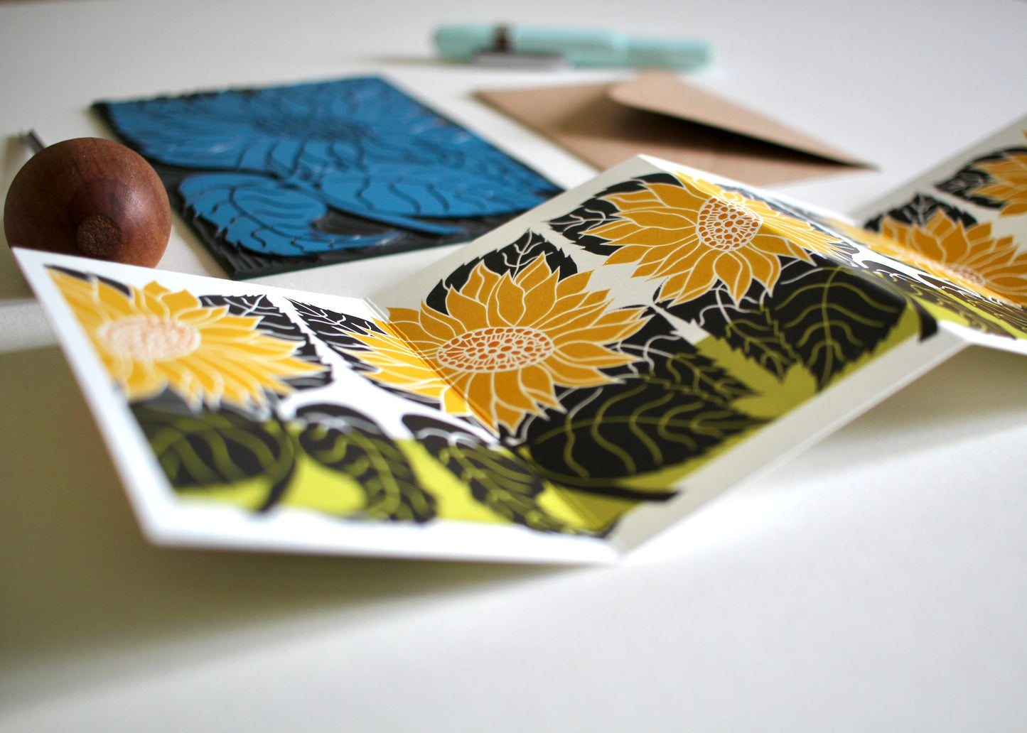 Sunflower Linocut Concertina Card | Single Card & Envelope