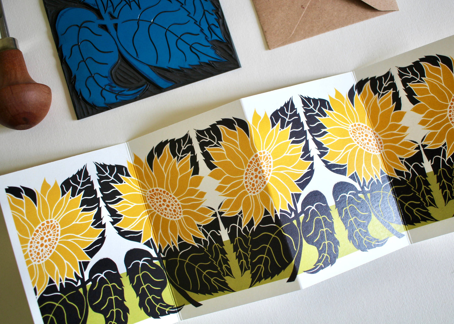 Sunflower Linocut Concertina Card | Single Card & Envelope