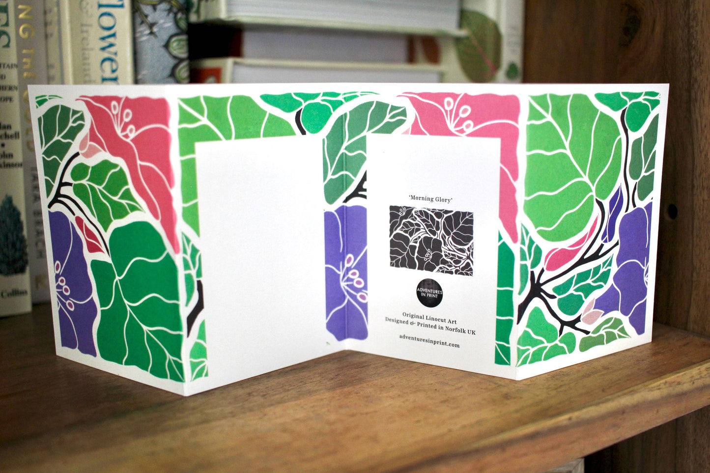 Linocut Morning Glory Flower Card - Single Concertina Card & Envelope / Lino print flowers card / September Birth Flower Greeting Card